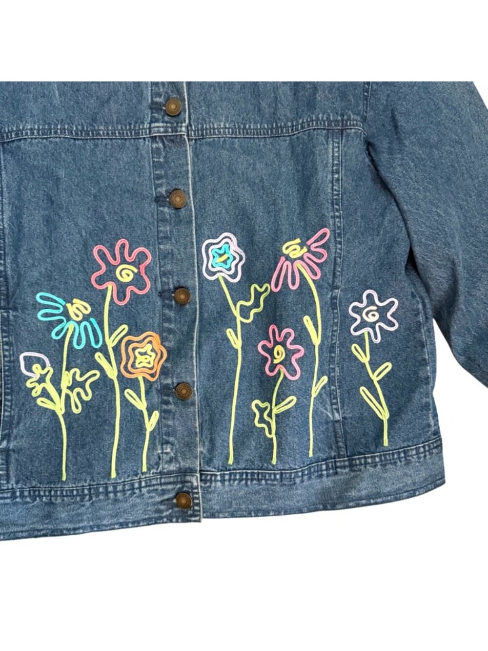 Mandal Bay Floral Denim Jacket L Womens VTG Embroidery Button Front Blue Cotton - Picture 4 of 8